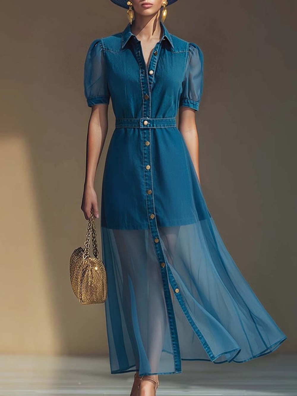 Sheer-Panel Teal Button-Front Maxi Dress with Belt